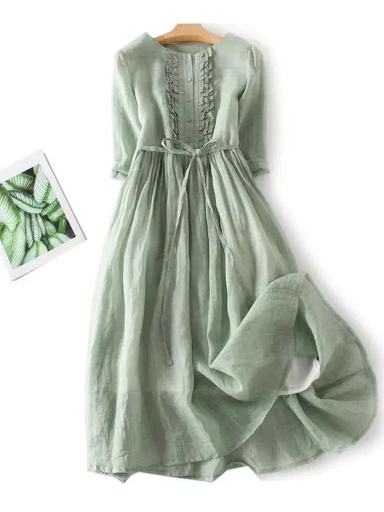 Linen Maxi, Round Neck and Three-Quarter Sleeves