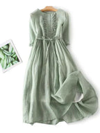 Linen Maxi, Round Neck and Three-Quarter Sleeves
