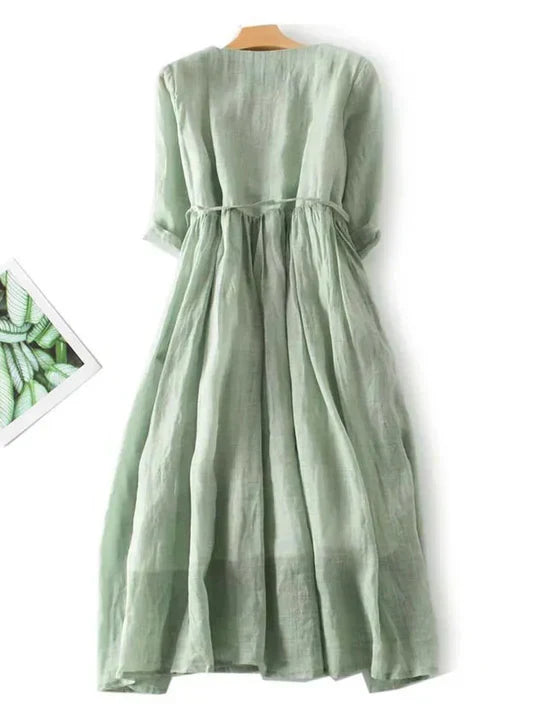 Linen Maxi, Round Neck and Three-Quarter Sleeves