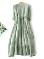 Linen Maxi, Round Neck and Three-Quarter Sleeves