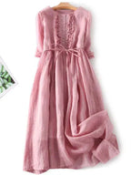 Linen Maxi, Round Neck and Three-Quarter Sleeves