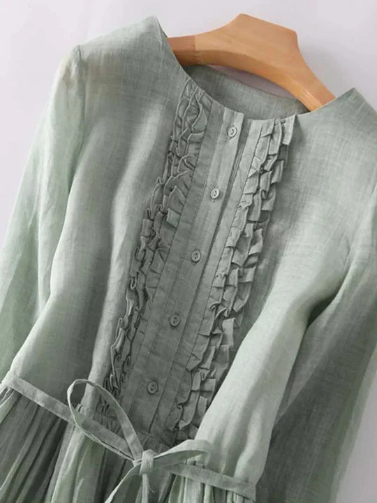 Linen Maxi, Round Neck and Three-Quarter Sleeves