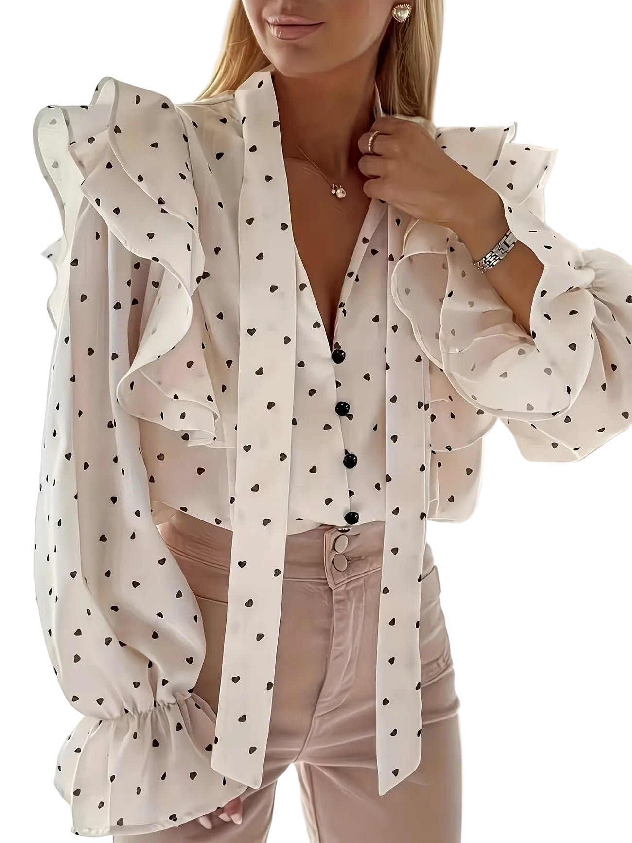 Women's Long-Sleeved Blouse with Heart Print