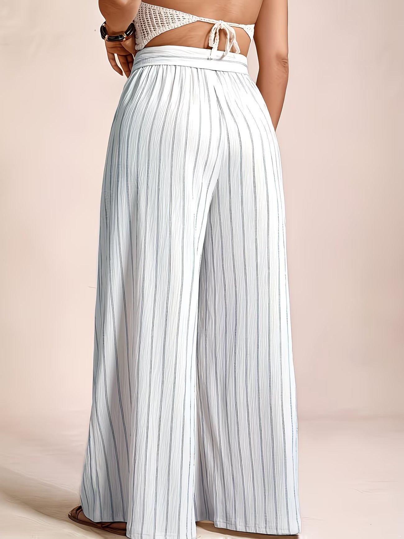 Women's Striped Wide-Leg Pants with Tie Belt
