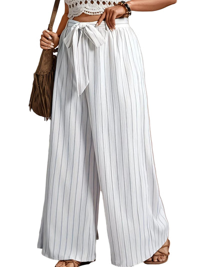 Women's Striped Wide-Leg Pants with Tie Belt