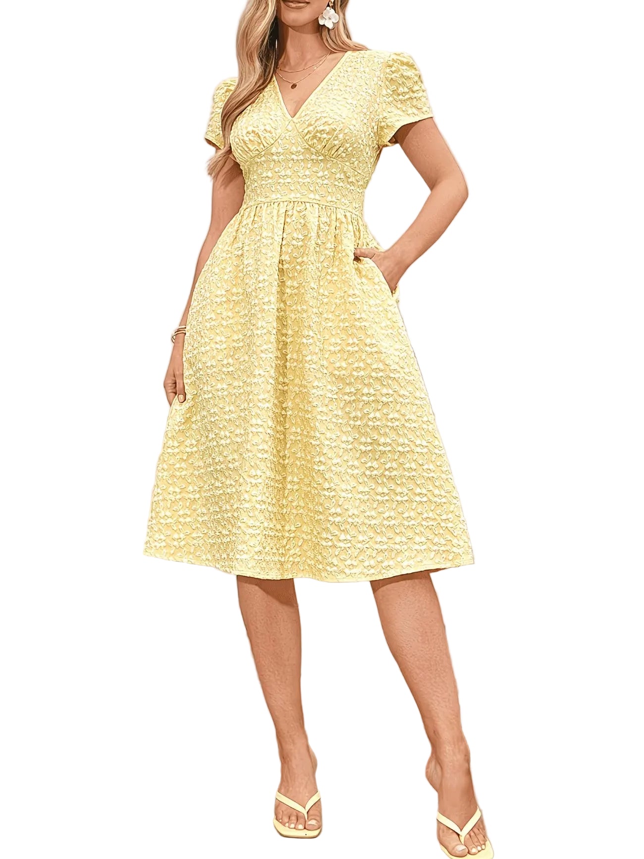 Women's Textured V-Neck Midi Dress